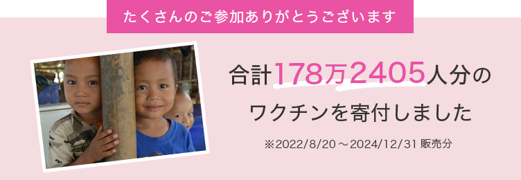 たくさんのご参加ありがとうございます。合計178万2405人分のワクチンを寄付しました　※2022/8/20～2024/12/31販売分