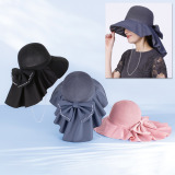 メイドバイスターズ 首までカバー！ ポーチリボン付 畳めるＵＶカット ドレープ帽子 パール調モティーフ ハットストラップ付