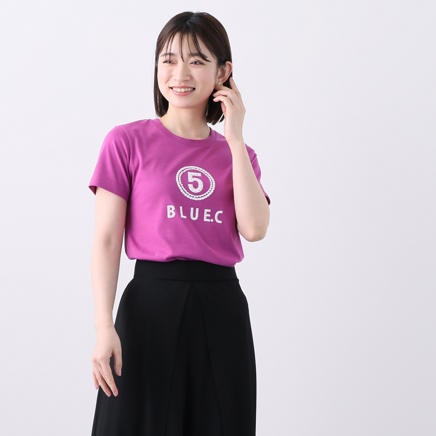 ブルーコレクション 大人かわいいスタイル パール調ビジュウ付 プリントＴシャツ