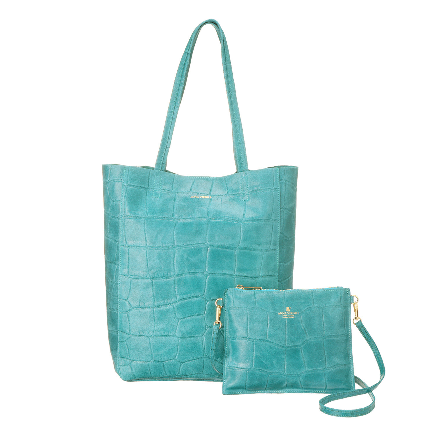 アンナヴィルジリ ＜イタリア製＞ カーフスエード クロコ型押し ショルダーポーチ付 トートバッグ