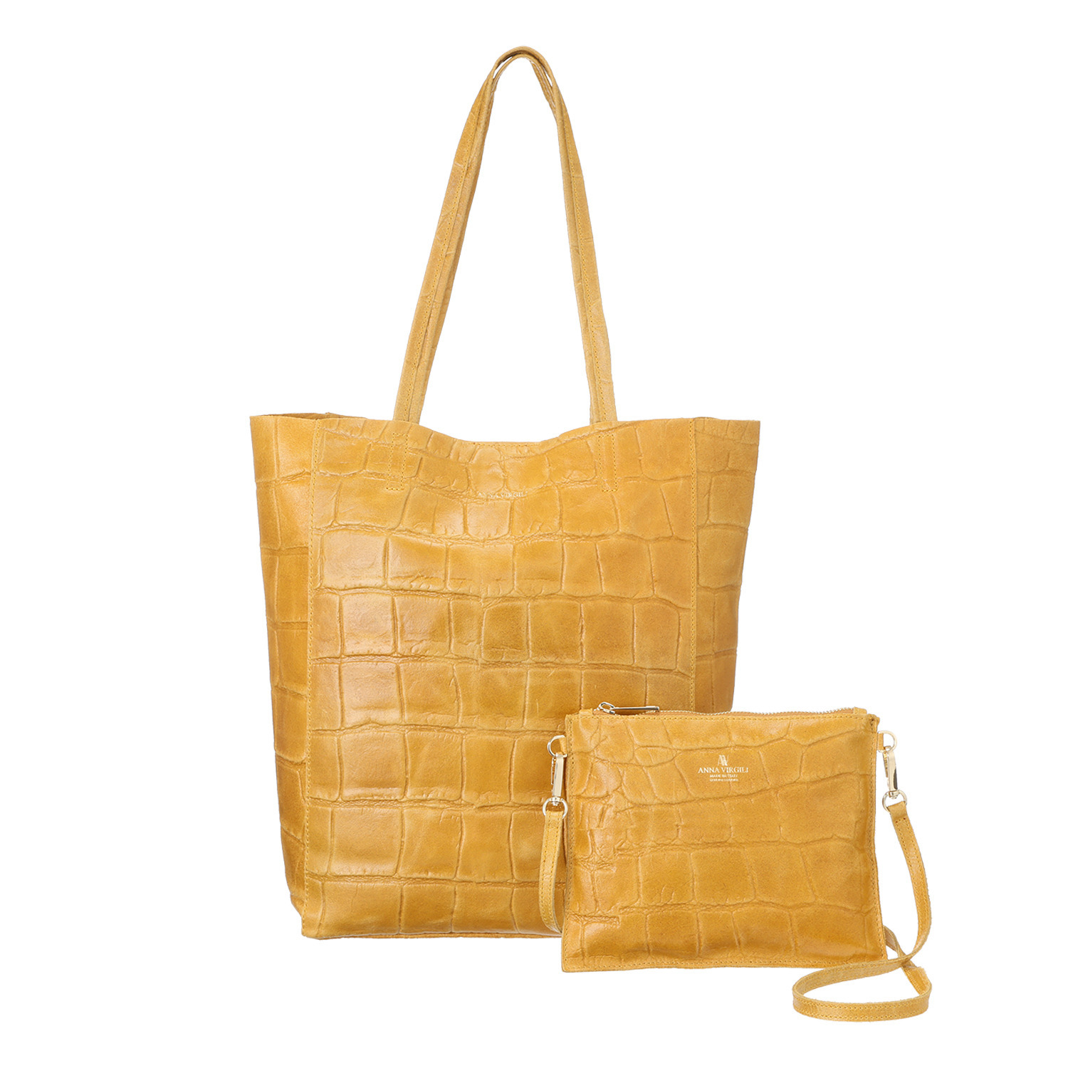 アンナヴィルジリ ＜イタリア製＞ カーフスエード クロコ型押し ショルダーポーチ付 トートバッグ