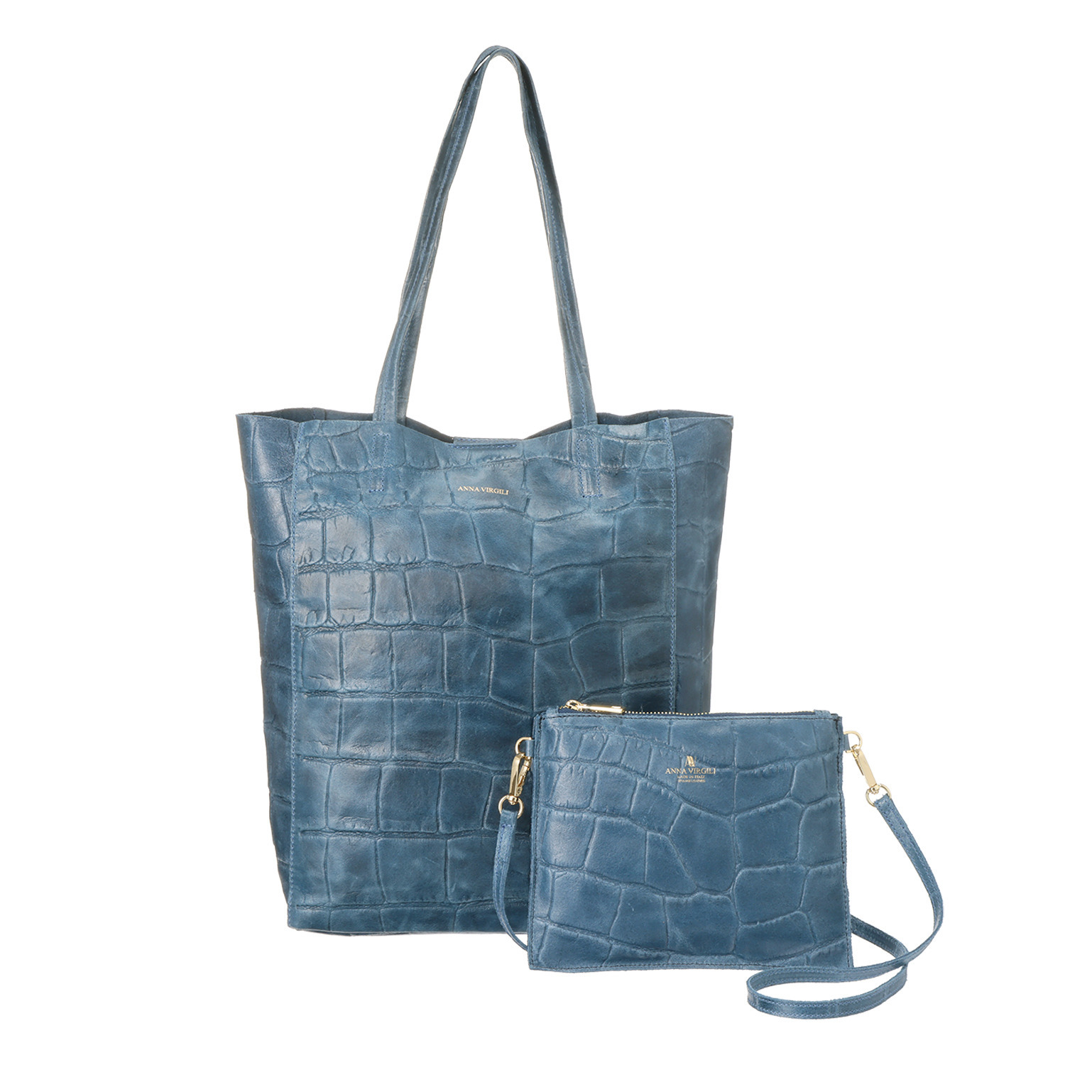 アンナヴィルジリ ＜イタリア製＞ カーフスエード クロコ型押し ショルダーポーチ付 トートバッグ