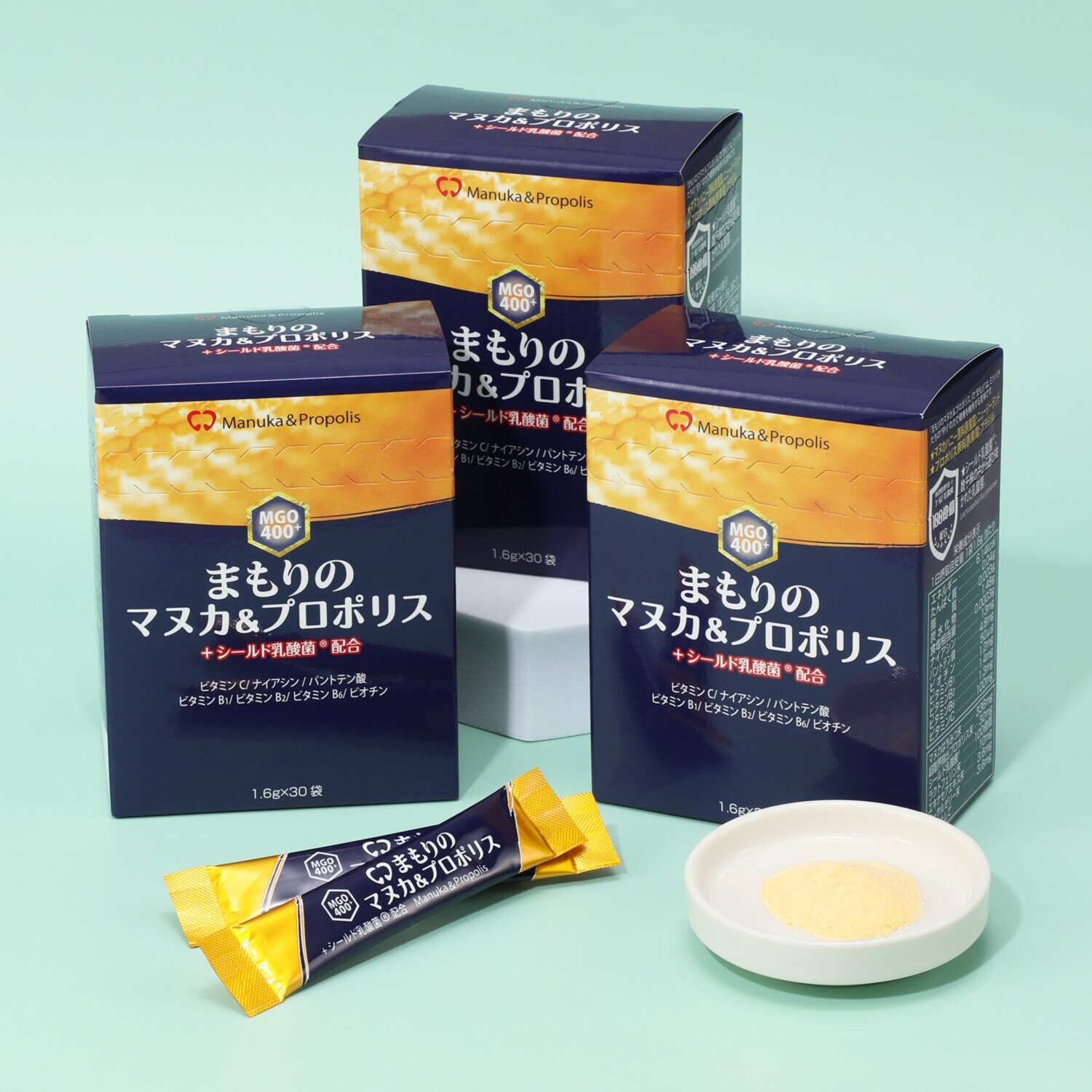 ＭＧＯ４００＋ マヌカハニー使用！ ミツバチの恵みで健康維持 “まもりの マヌカ＆プロポリス” ３箱セット