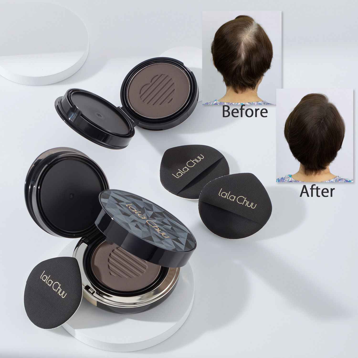 ララチューデビュー５周年 メイク効果で白髪と薄毛を 簡単瞬時にカバー ヘアファンデーション プレミアムＥＸ ＜ダークブラウン＞ ２個分＆パフセット