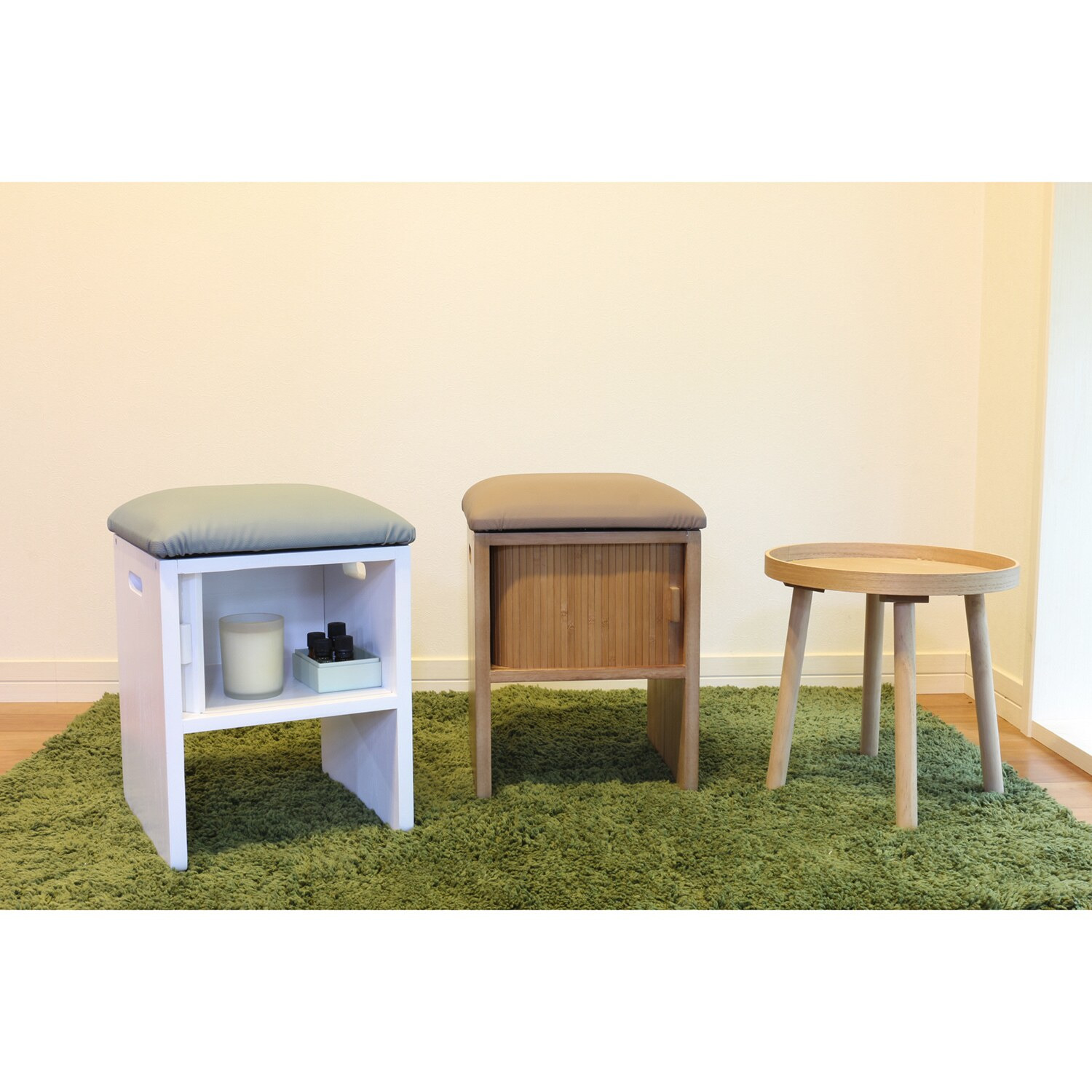 天然木桐材使用 軽量＆コンパクト 竹製ジャバラ扉式 スツールボックス