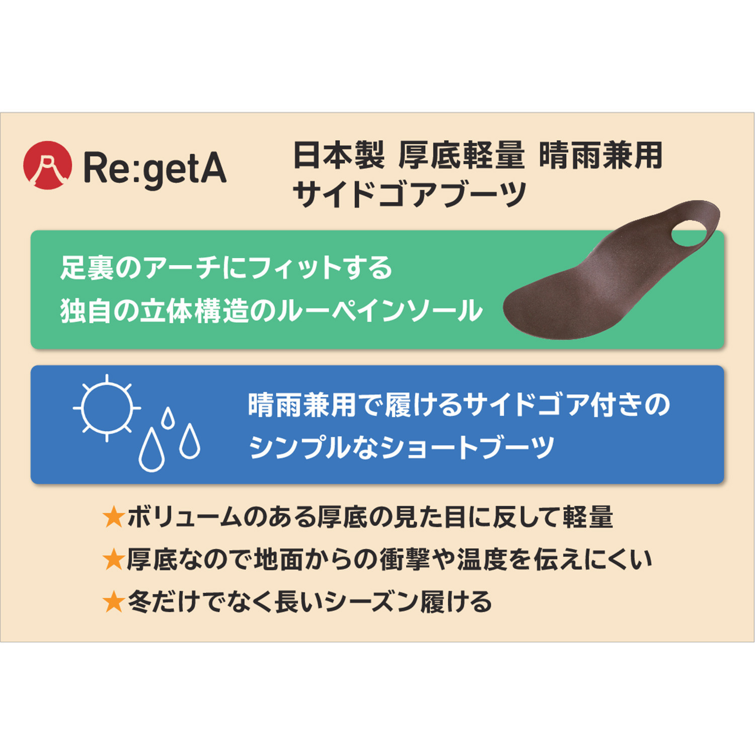 リゲッタ 軽量・晴雨兼用 厚底サイドゴアブーツ