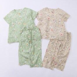 リラキュート 吸水速乾 綿１００％クレープ素材 バックギャザーＴシャツ＆ 切替フリル七分丈パンツ ２組セット