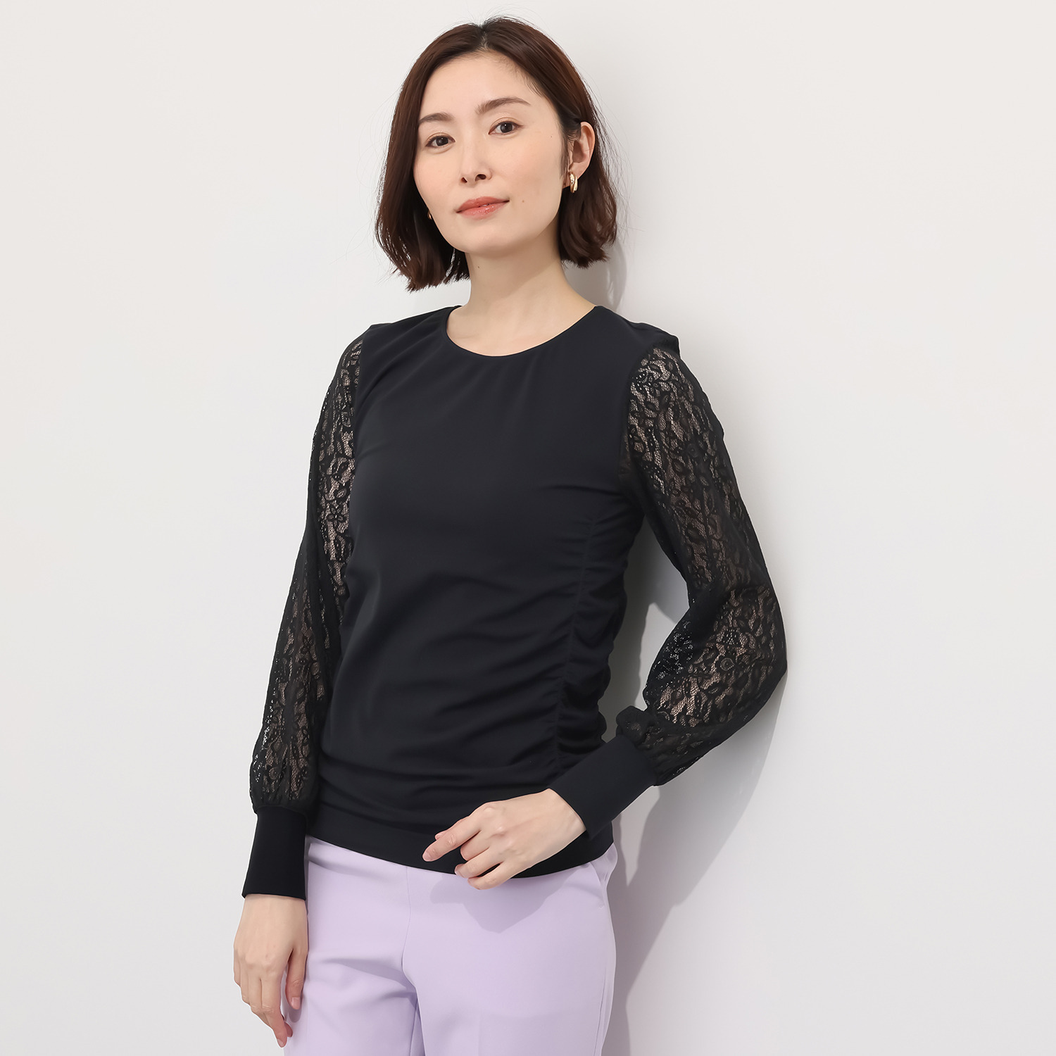 ドルチェ　ドンナ イタリア製 ストレッチレーススリーブ サイドギャザー ラウンドネック プルオーバー