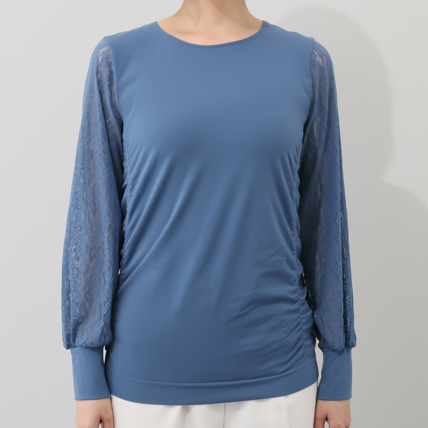 ドルチェ　ドンナ イタリア製 ストレッチレーススリーブ サイドギャザー ラウンドネック プルオーバー