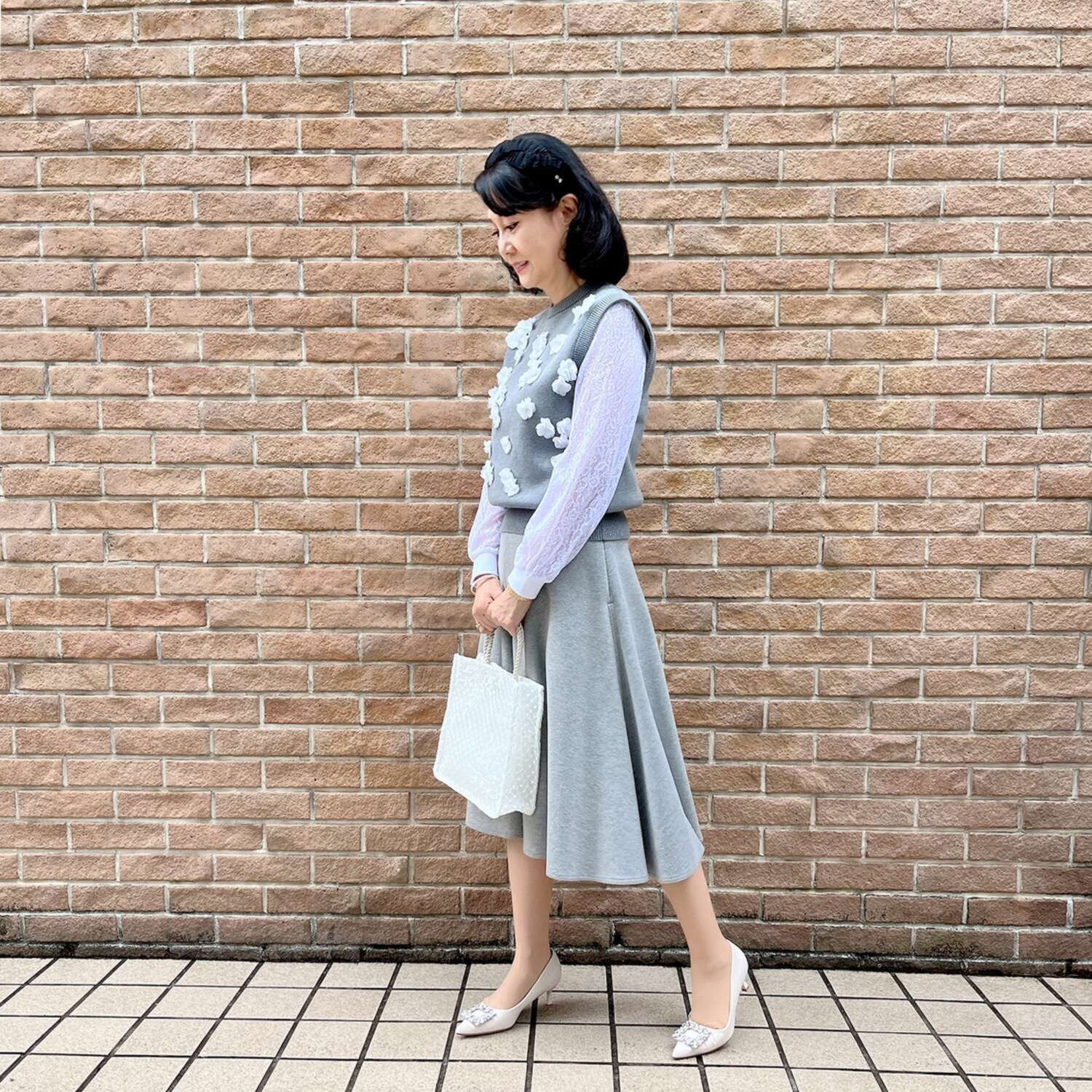 ドルチェ　ドンナ イタリア製 ストレッチレーススリーブ サイドギャザー ラウンドネック プルオーバー