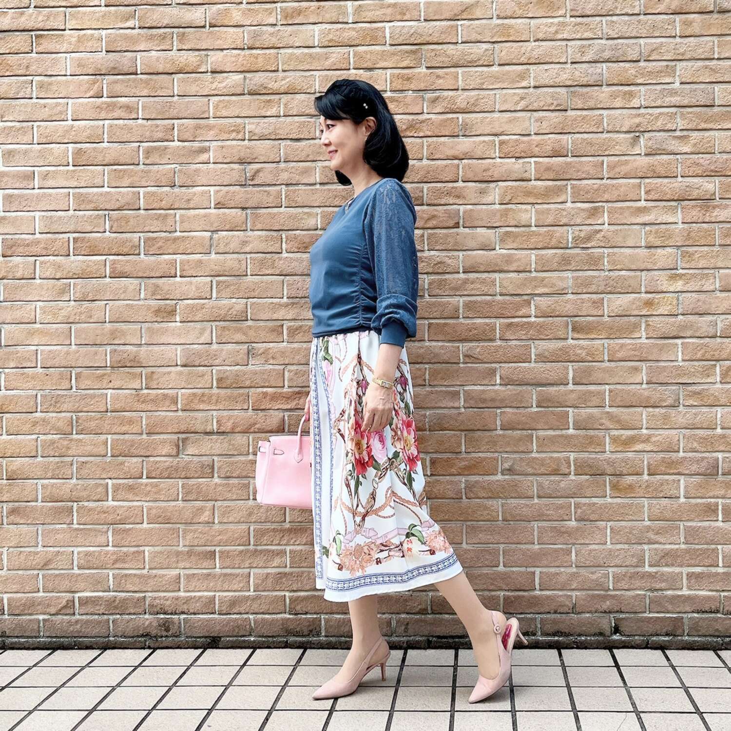 ドルチェ　ドンナ イタリア製 ストレッチレーススリーブ サイドギャザー ラウンドネック プルオーバー