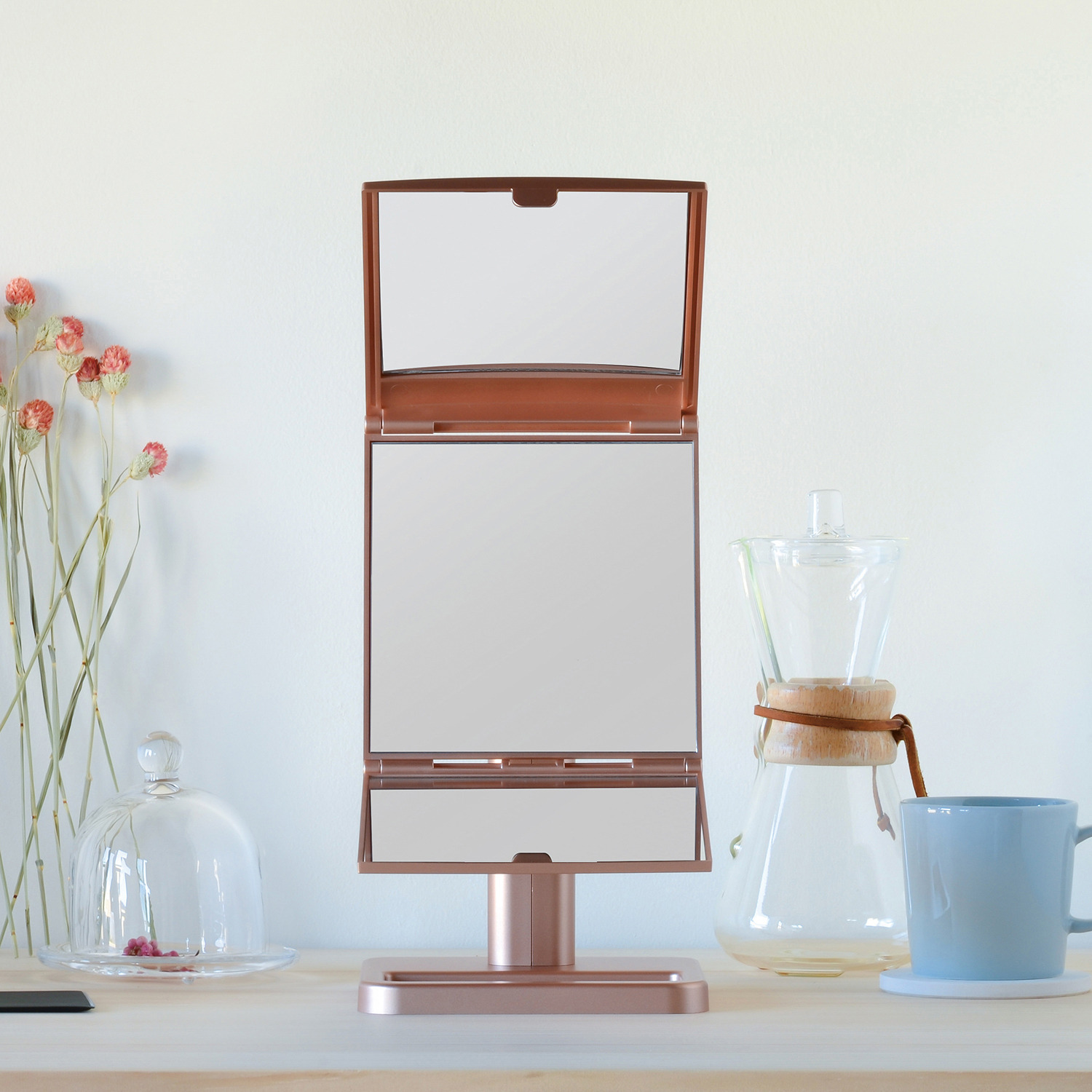 ホリウチミラーの自信作！ 様々な角度から 自分を確認でき ２倍拡大鏡もついた三面鏡 ナピュア スタイリング スタンドミラー