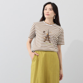 フィル・クロレ 日本製 ギザコットン混 サガラ刺しゅう ボーダーＴシャツ