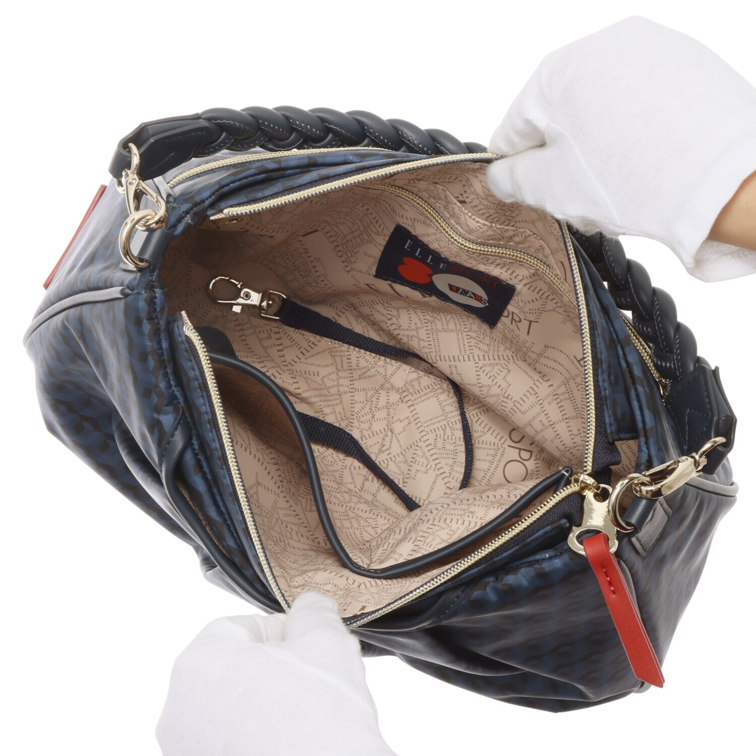 ＥＬＬＥ　ＳＰＯＲＴ はっ水 キューブ柄 編み込みハンドル ２ウェイショルダーバッグ