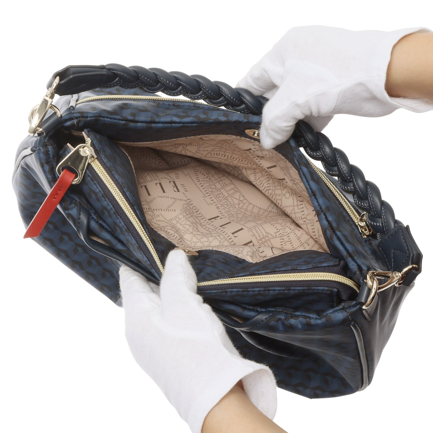 ＥＬＬＥ　ＳＰＯＲＴ はっ水 キューブ柄 編み込みハンドル ２ウェイショルダーバッグ