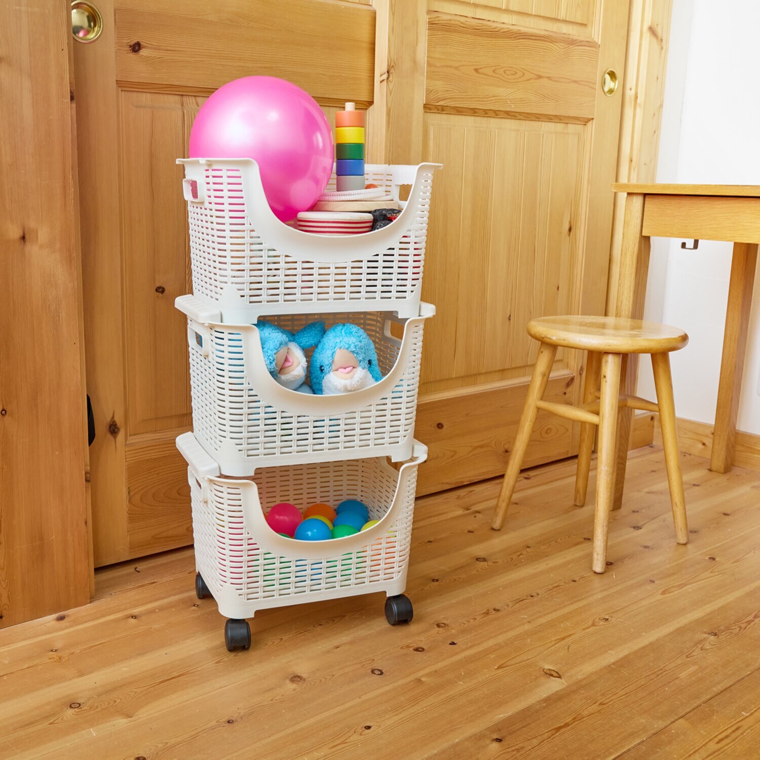 ハルサスタジオ 使い方と、収納自由自在！ 重ねて使える キャスター付きバスケット ３段セット