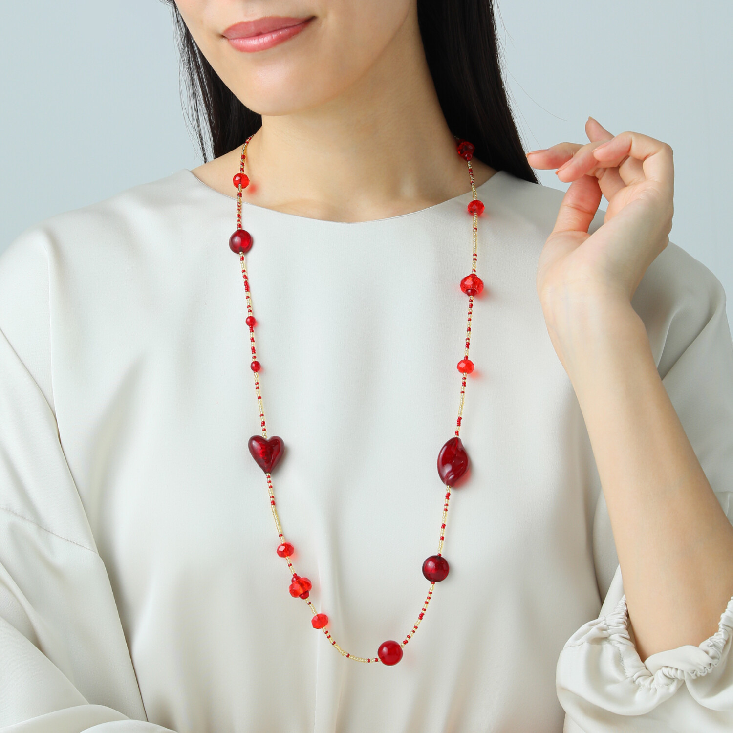 ラグーナ ベネチアンガラス レッドカラー マルチビーズ ロングネックレス