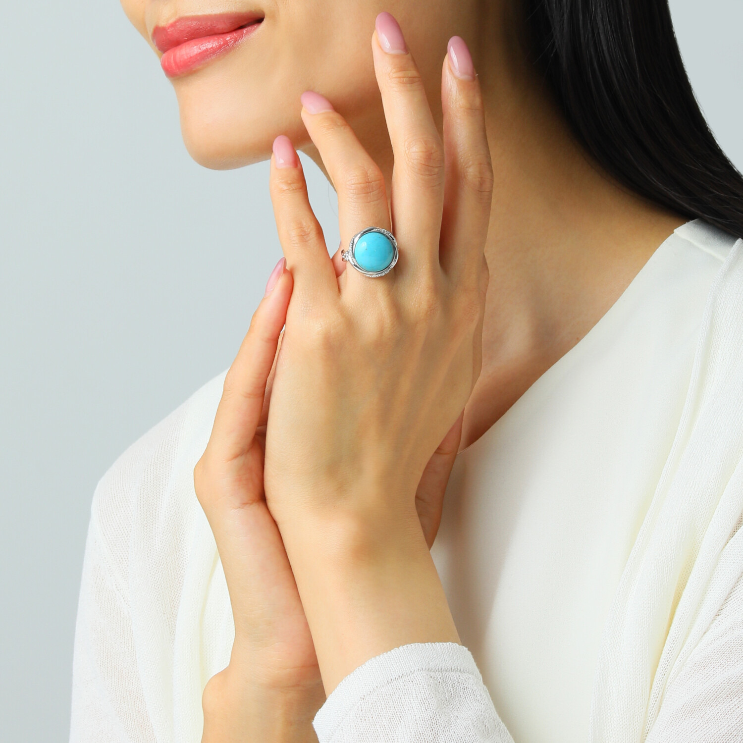 ミケランジェロ シルバー ６．５カラットＵＰ アリゾナ産ターコイズ ＣＺアクセント ラウンドカボションリング