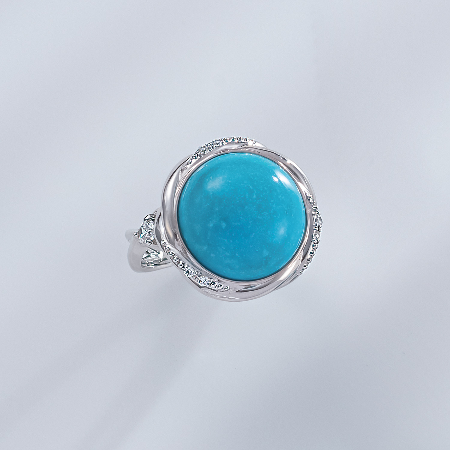 ミケランジェロ シルバー ６．５カラットＵＰ アリゾナ産ターコイズ ＣＺアクセント ラウンドカボションリング