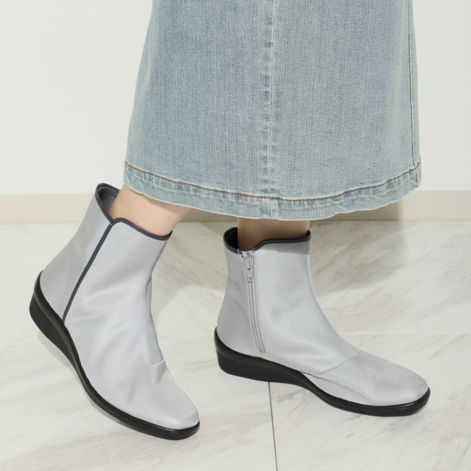 トップドライ ファスナー付サイド切替 エレガント ショートブーツ