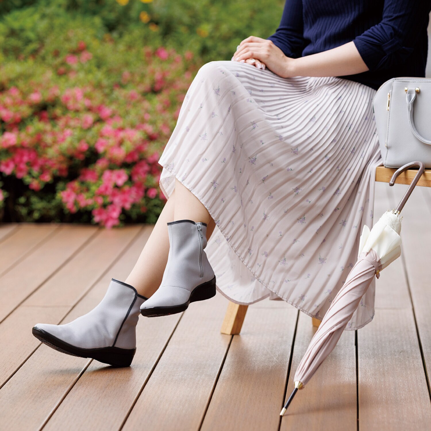 トップドライ ファスナー付サイド切替 エレガント ショートブーツ