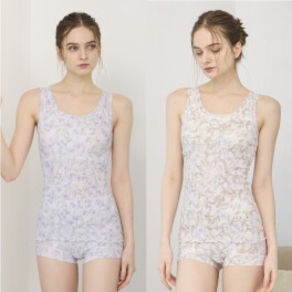 丸福ガーゼ ムレにくくて快適！速乾 綿モダール混 ボタニカルプリント カップ付タンクトップ ２枚セット