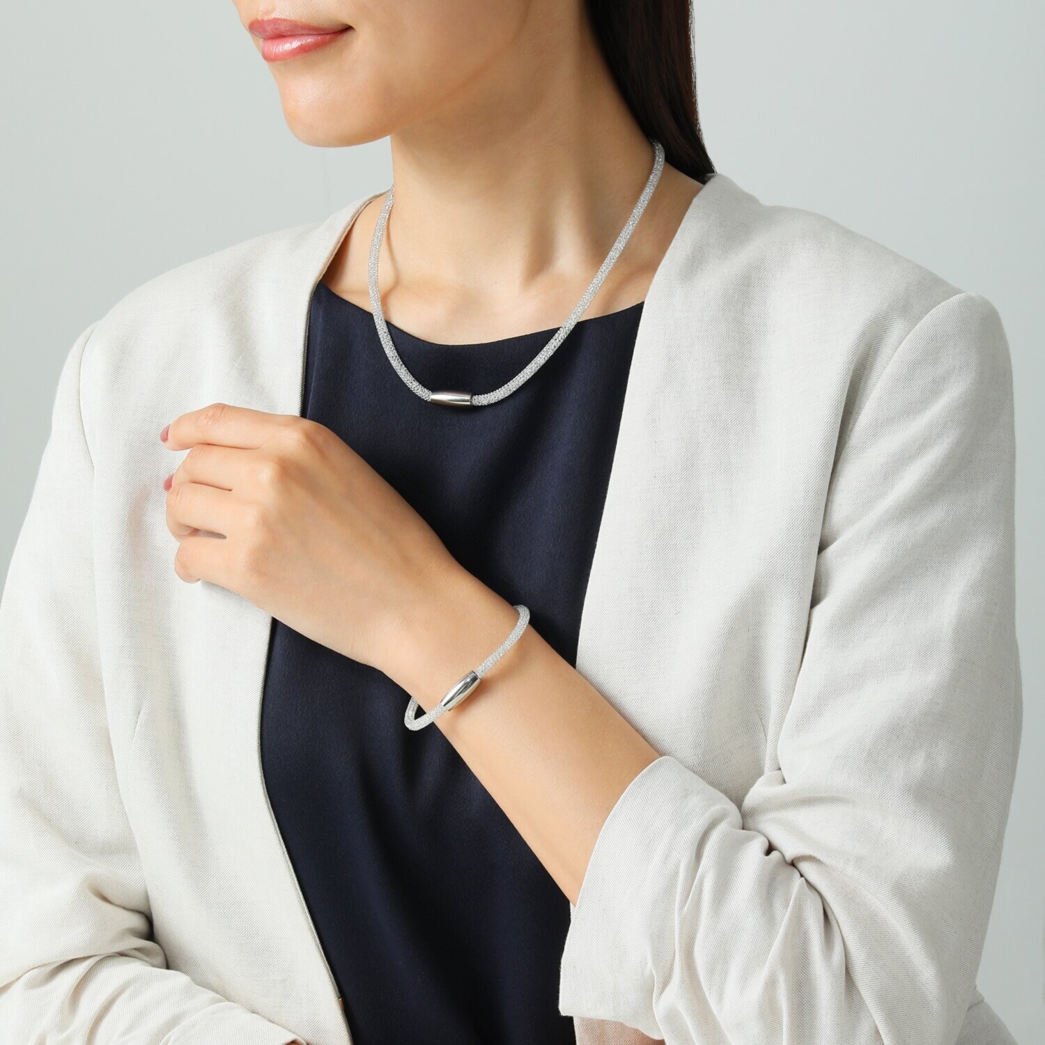 エービーステン ステンレス キラキラビジュウ入り メッシュネックレス＆ ブレスレットセット