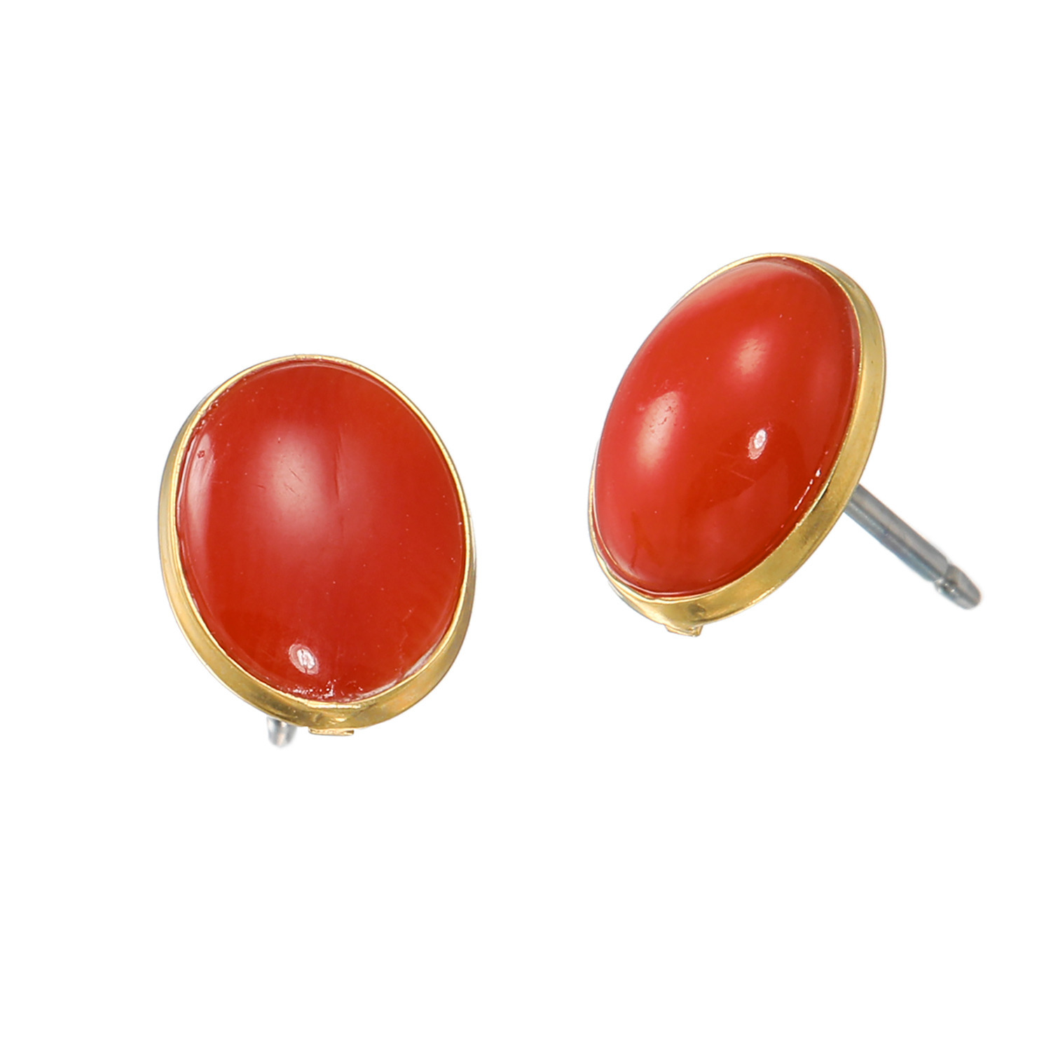 珠里 シルバー 地中海サンゴ オーバルカボション スタッドピアス