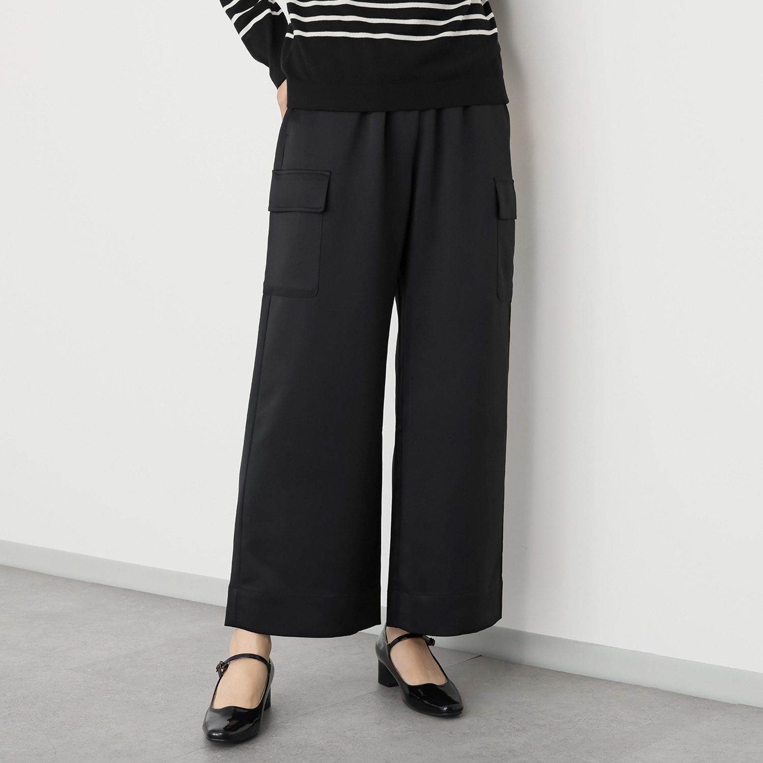 元町ゼラール とろみ＆きれい見えサテン カーゴデザイン 上品サテンパンツ