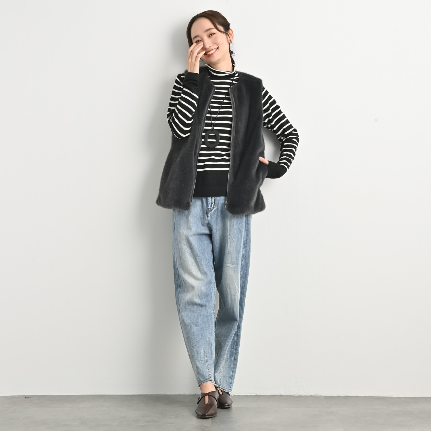 元町ゼラール 着回し抜群で大活躍！ フェイクファーベスト付 はっ水＆軽量ストレッチ ダブルフロントコート