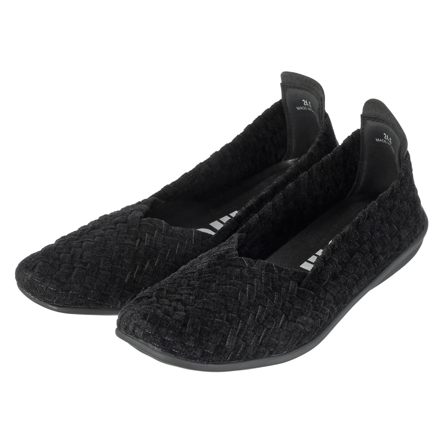 ゴムゴム ツイード調 柔らかゴムメッシュ スクエアトゥ 洗えるフラットシューズ