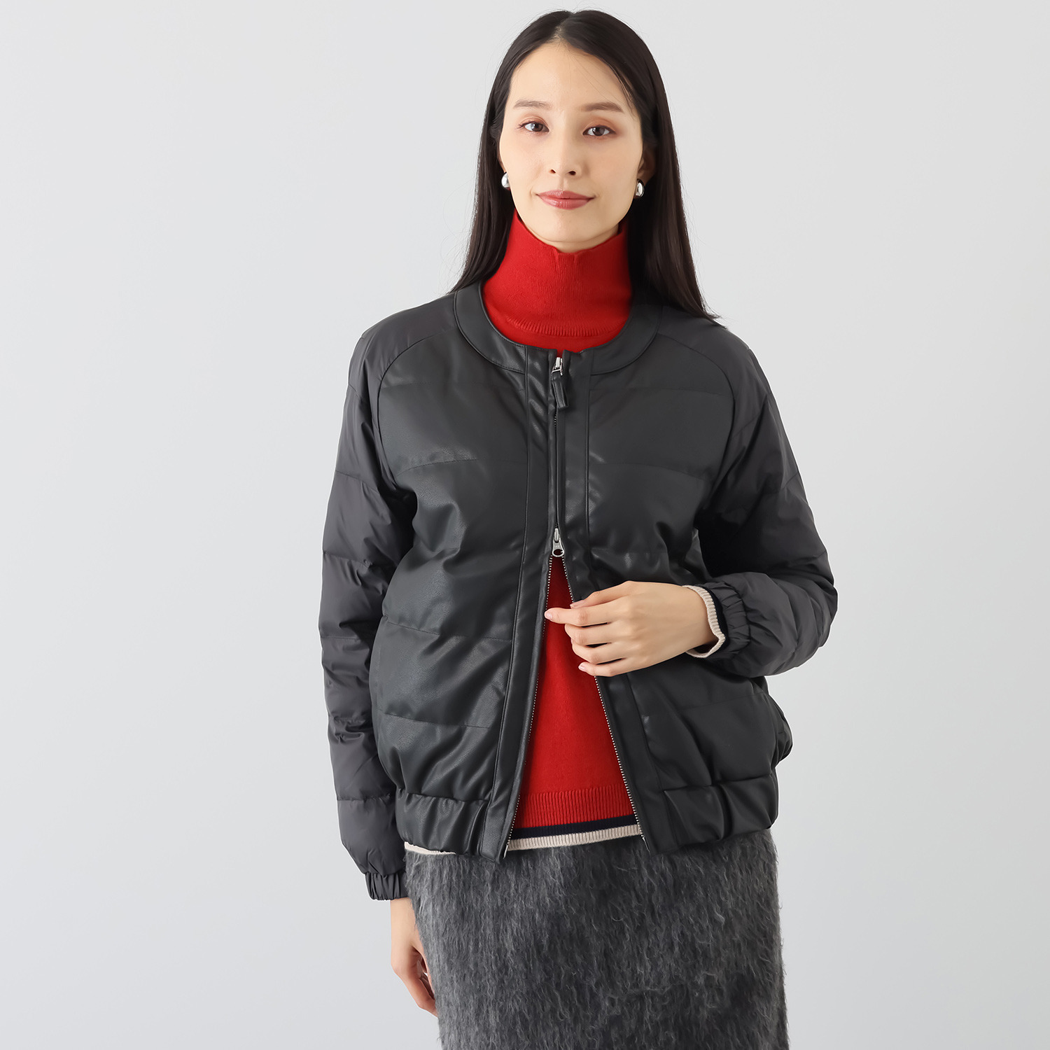 スタイルフライ 袖タフタ切替 レザー調ノーカラー ダウンジャケット