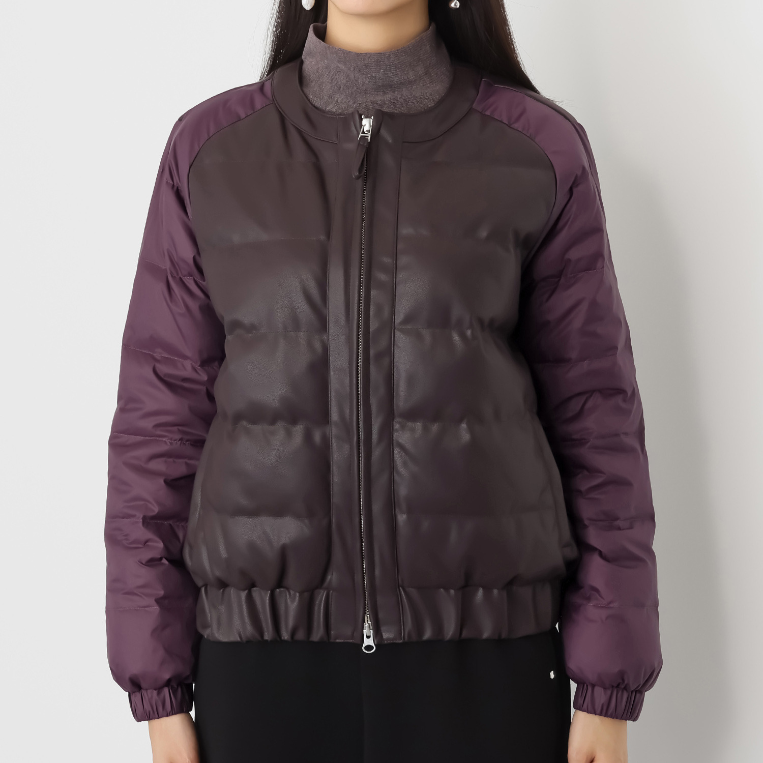 スタイルフライ 袖タフタ切替 レザー調ノーカラー ダウンジャケット