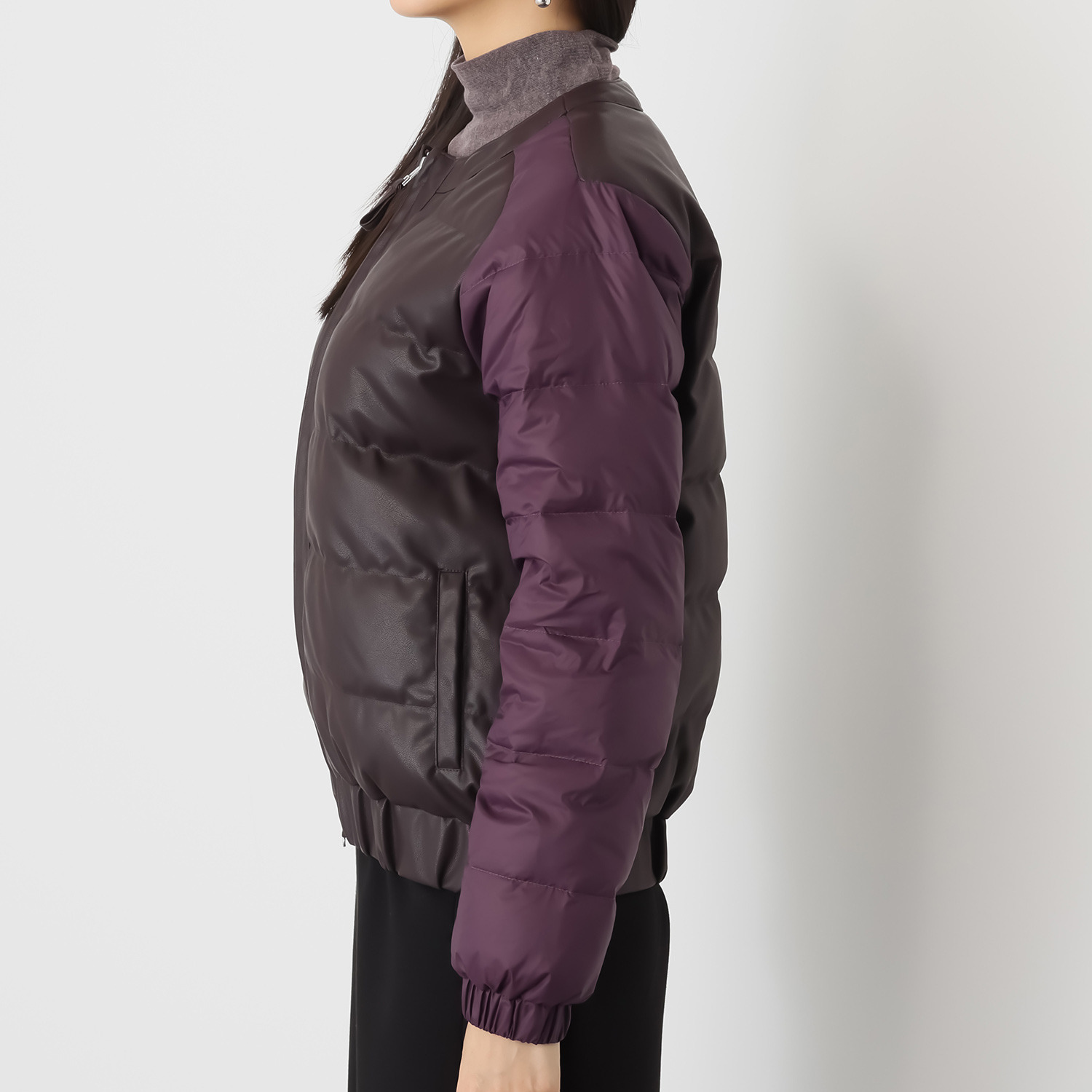 スタイルフライ 袖タフタ切替 レザー調ノーカラー ダウンジャケット