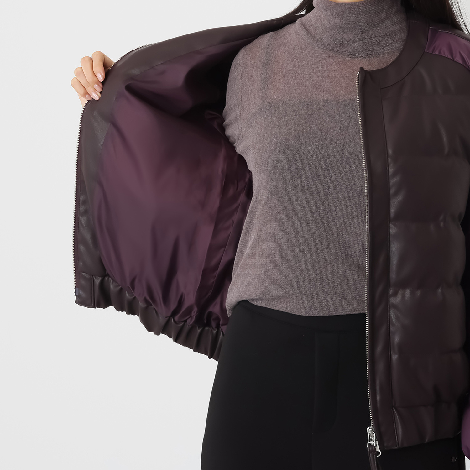 スタイルフライ 袖タフタ切替 レザー調ノーカラー ダウンジャケット