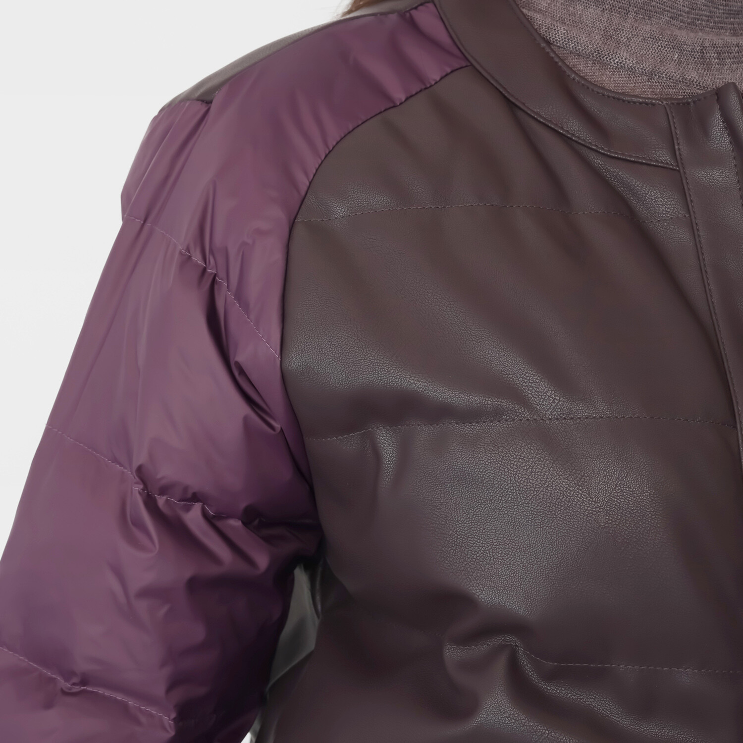 スタイルフライ 袖タフタ切替 レザー調ノーカラー ダウンジャケット