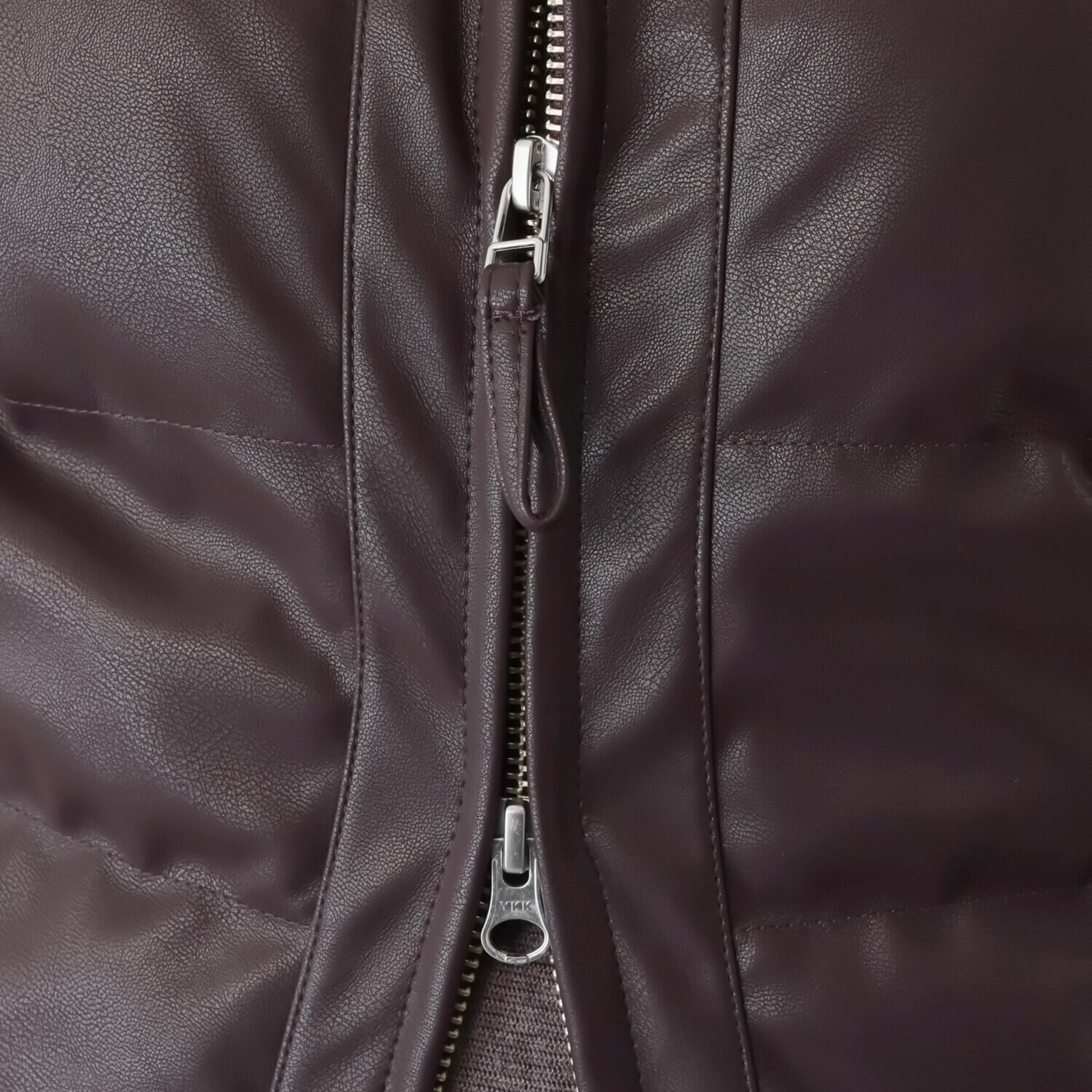 スタイルフライ 袖タフタ切替 レザー調ノーカラー ダウンジャケット