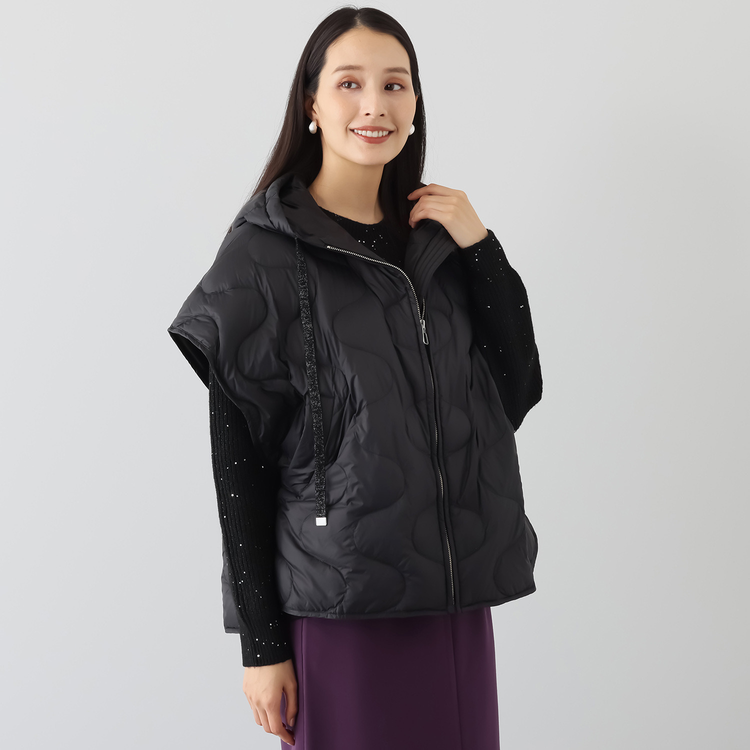 スタイルフライ はっ水 ウェーブ柄キルト フード付ダウンポンチョ