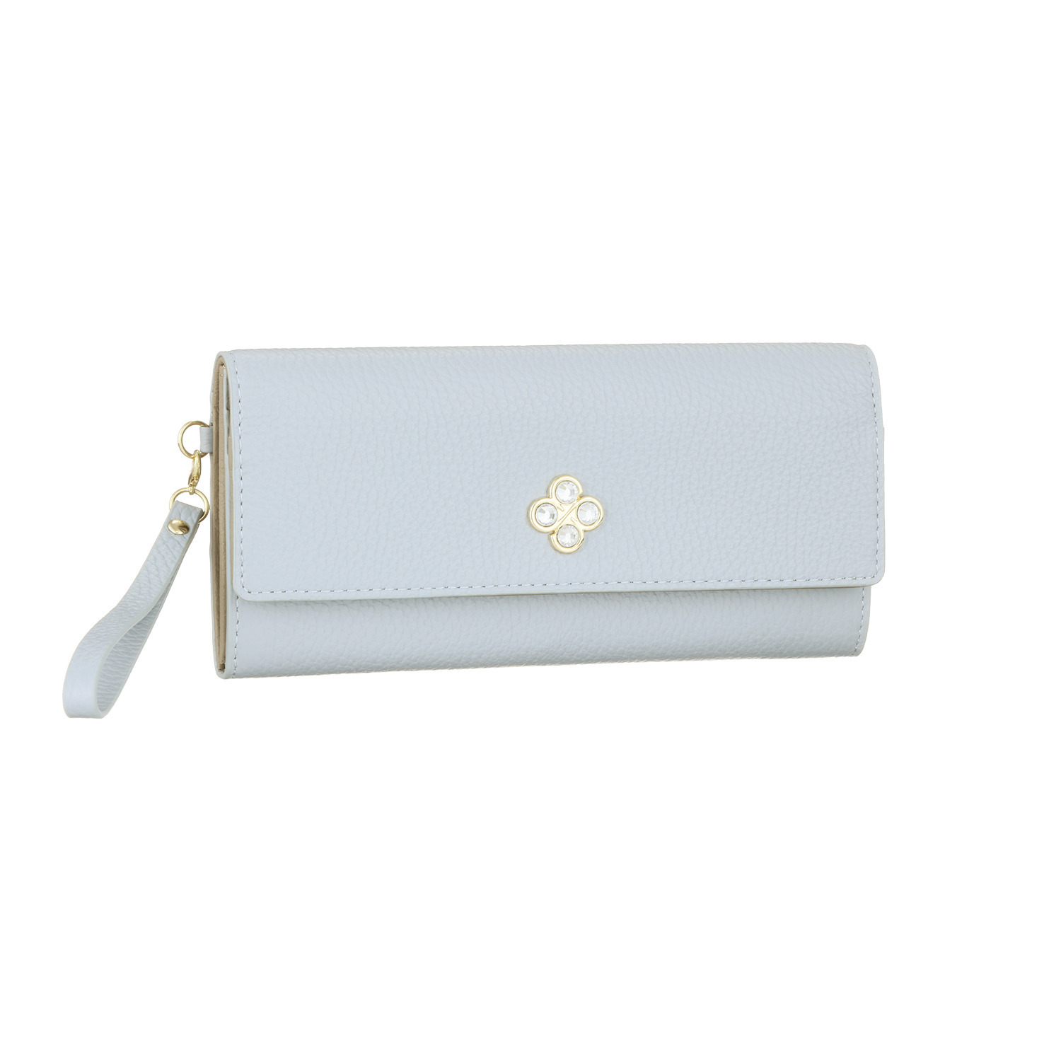 マリ・クレール イタリアンレザー 見やすくて使いやすい！ ガラスビジュウクローバー アクセント ギャルソン長財布