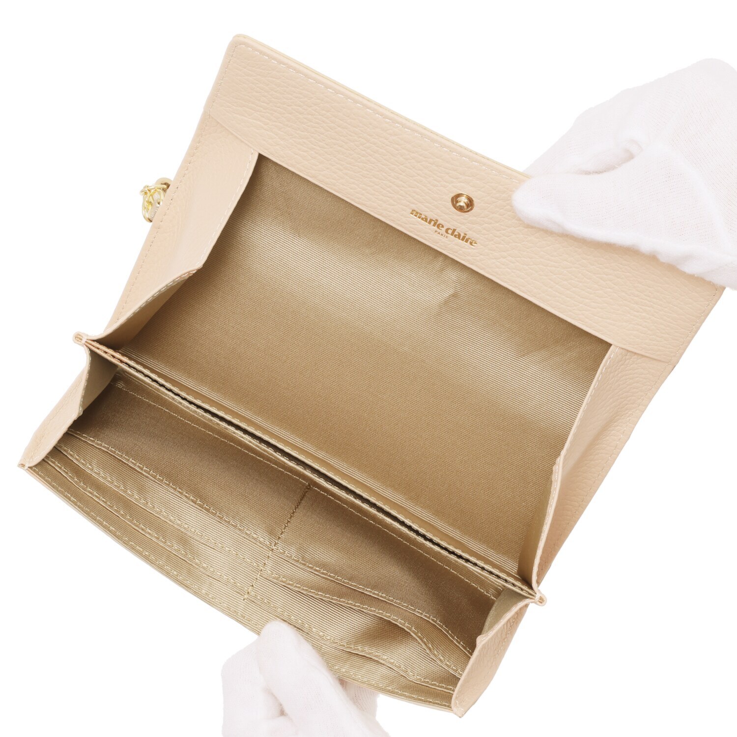 マリ・クレール イタリアンレザー 見やすくて使いやすい！ ガラスビジュウクローバー アクセント ギャルソン長財布