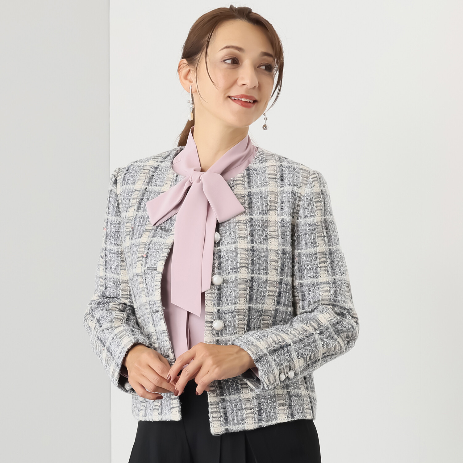 ゴドー 美しいミックスツイード ノーカラージャケット