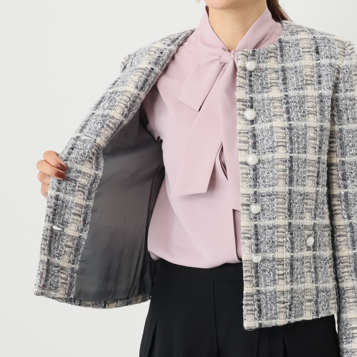 ゴドー 美しいミックスツイード ノーカラージャケット