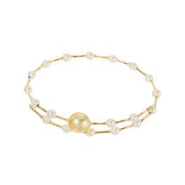 ジュペレ　ジョーヌ １８Ｋ ゴールデン白蝶パール＆ 国産ベビーアコヤパール ダブルライン フレキシブルバングル