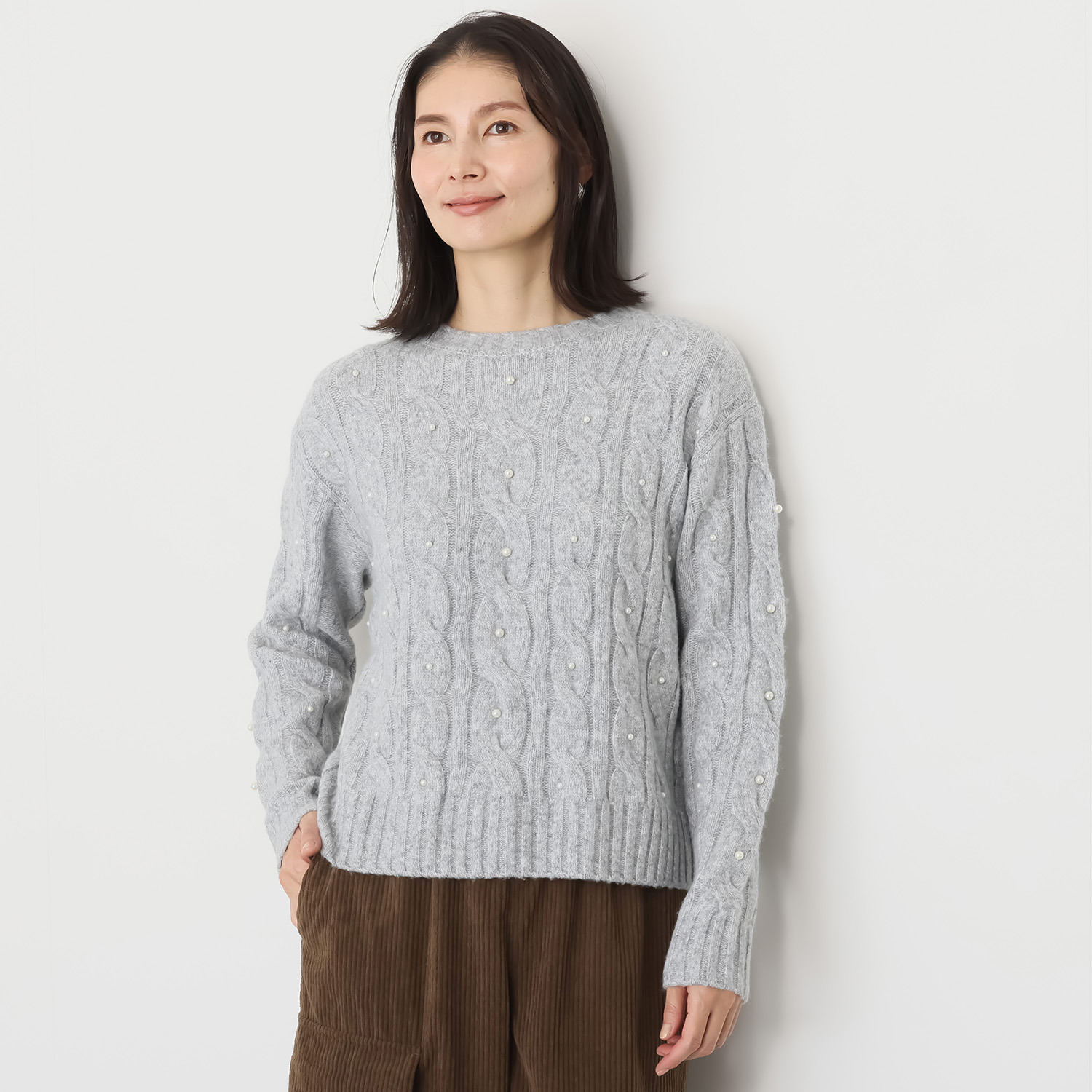 シャビージェンティール ケーブル柄 パール調ビーズ付 ニットプルオーバー