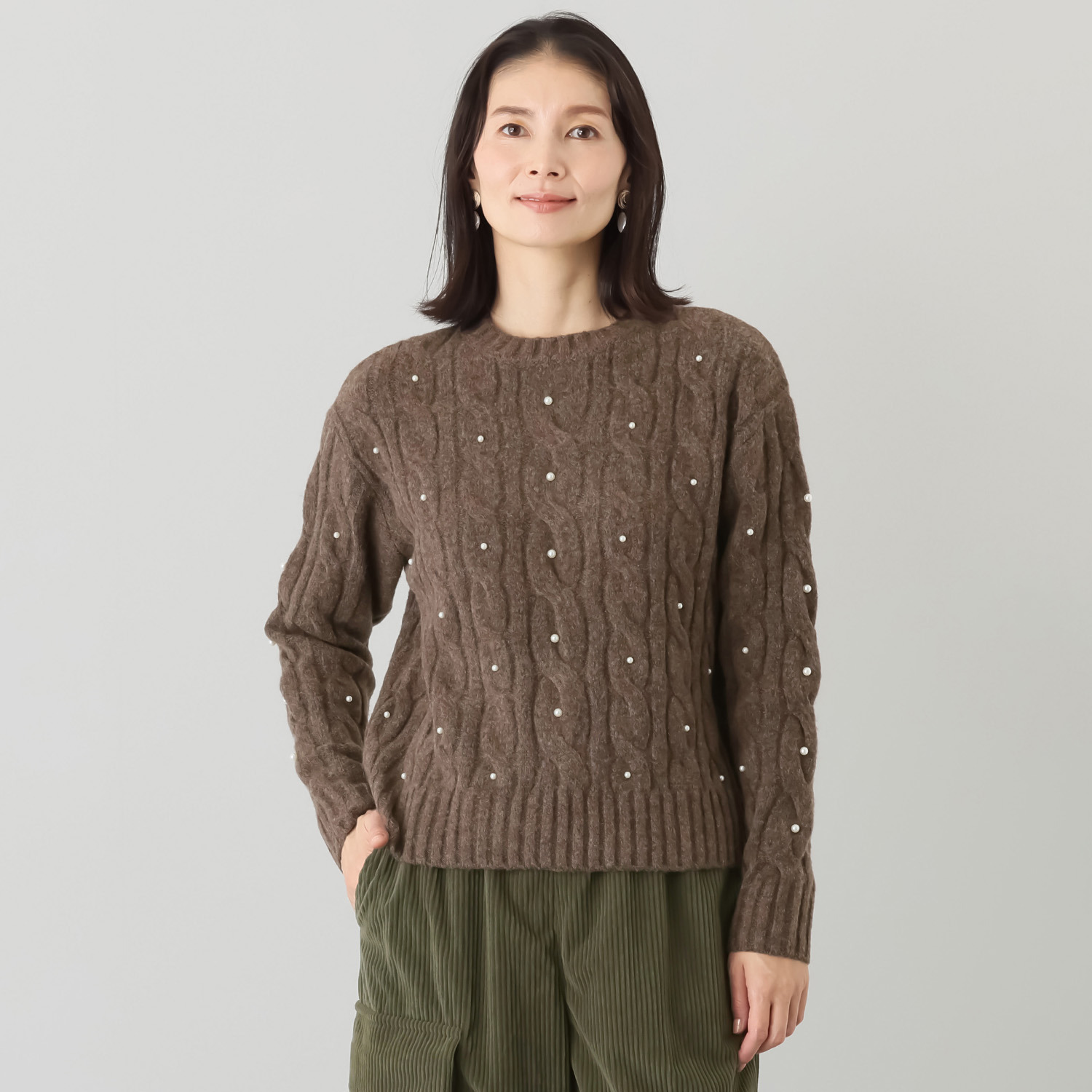 シャビージェンティール ケーブル柄 パール調ビーズ付 ニットプルオーバー