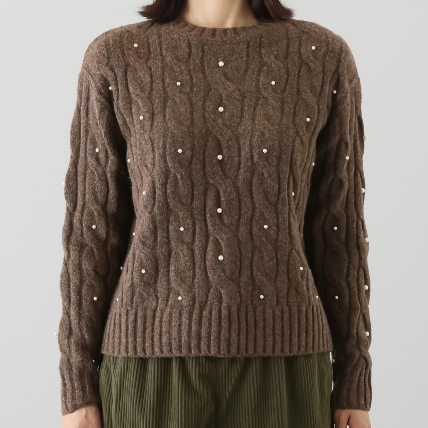 シャビージェンティール ケーブル柄 パール調ビーズ付 ニットプルオーバー