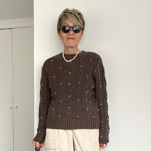 シャビージェンティール ケーブル柄 パール調ビーズ付 ニットプルオーバー