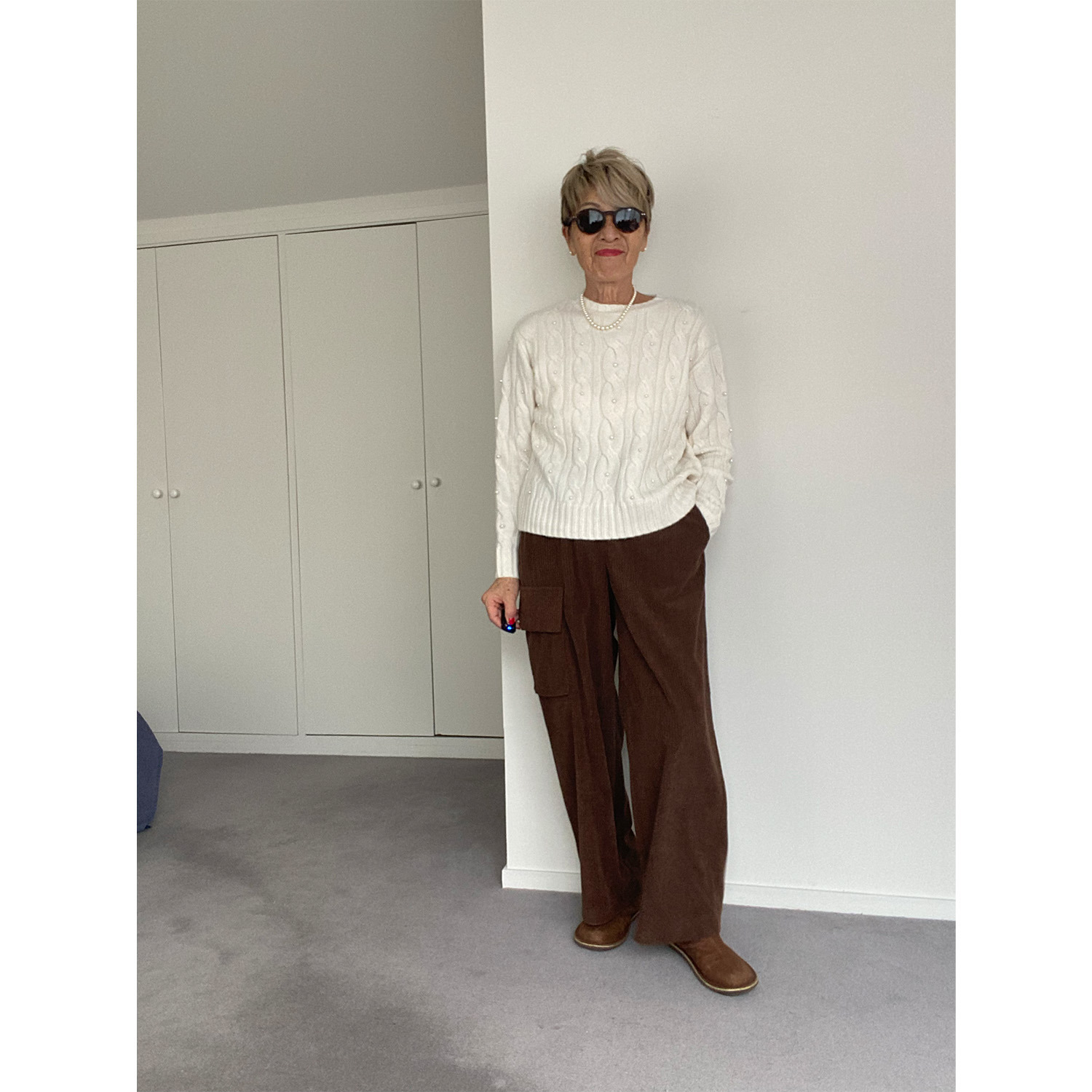 シャビージェンティール ケーブル柄 パール調ビーズ付 ニットプルオーバー