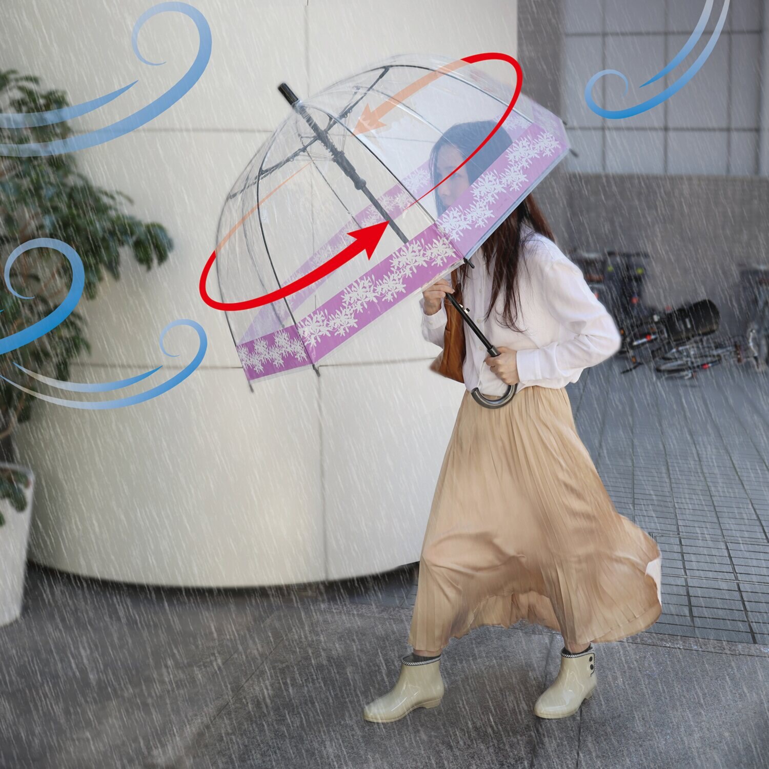 くるっと回って 風や衝撃を受け流しやすい まわるジャンボドーム傘