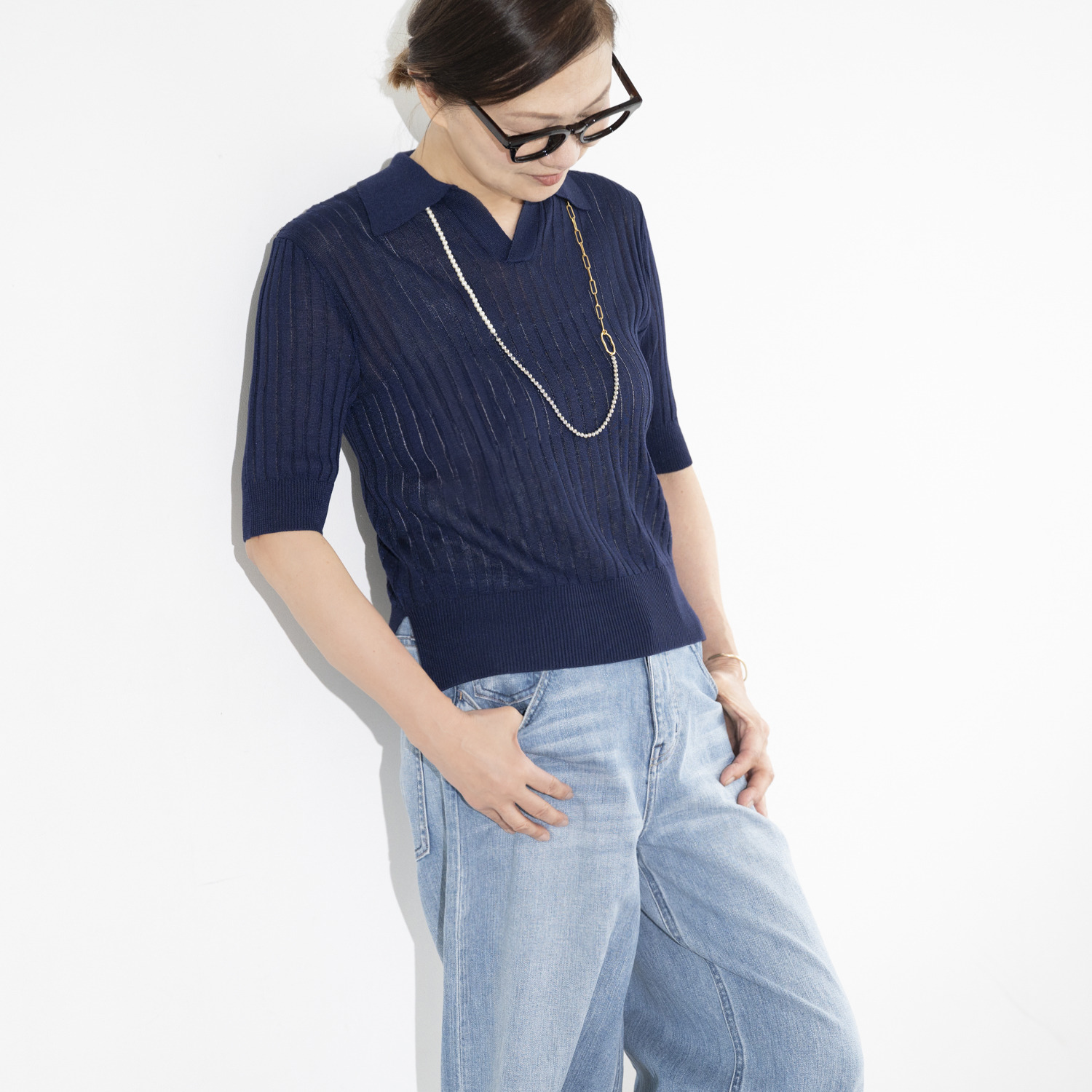 イロプライム 華やか襟の ニットポロシャツ